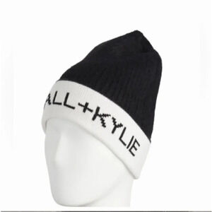 NWT KENDALL + KLYIE LOGO BAND FOLD OVER KNIT BEANIE WHITE/BLACK O/S